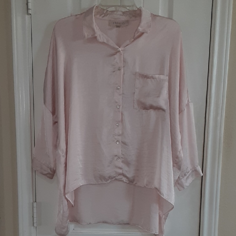 Philosophy Blush Pink Satin Hi-Lo Button Down Blouse-M